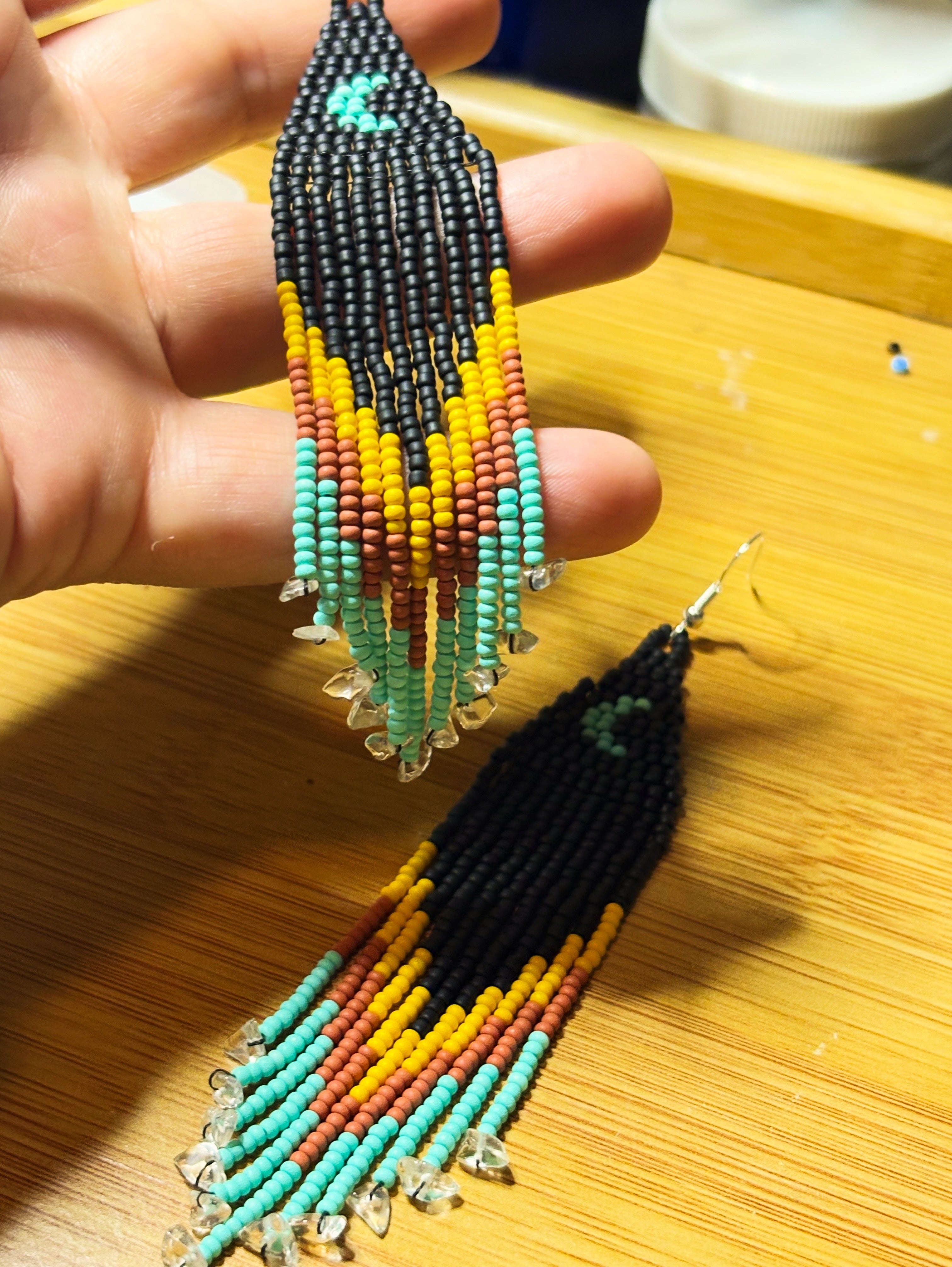 Close up detail of Red Road Moonrise earring showing quartz crystal tips