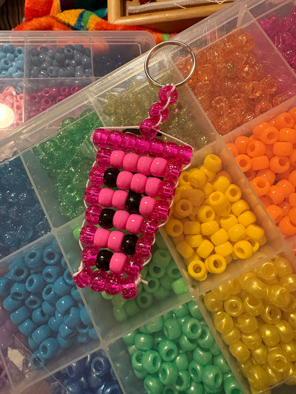 Handmade pink boba tea pony bead keychain