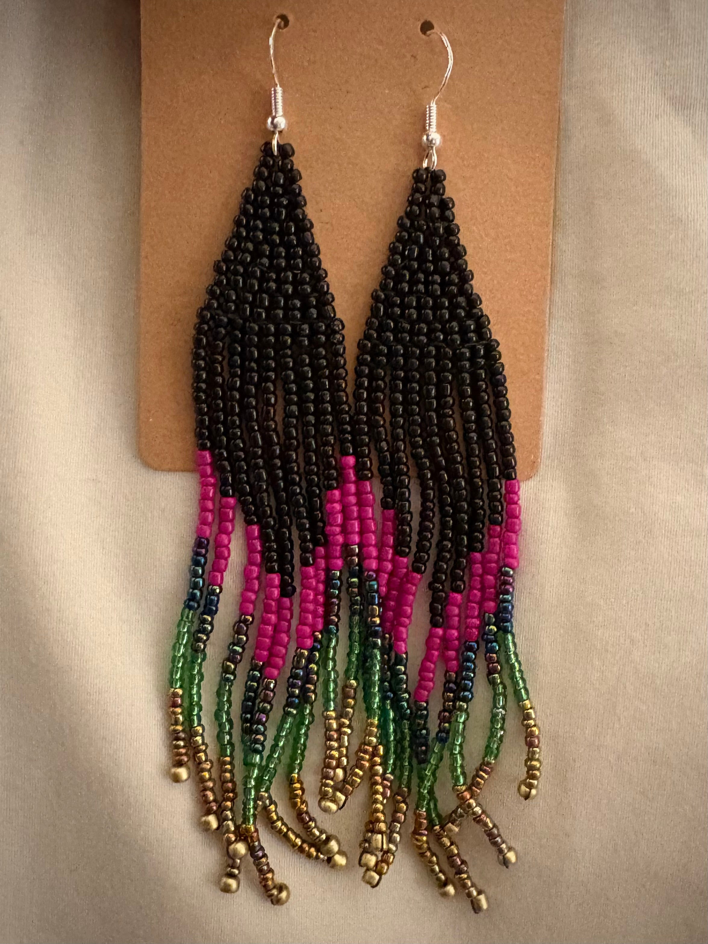 Summer Nights beaded fringe earrings on display card