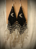 Standing on the Moon beaded fringe earrings on light background