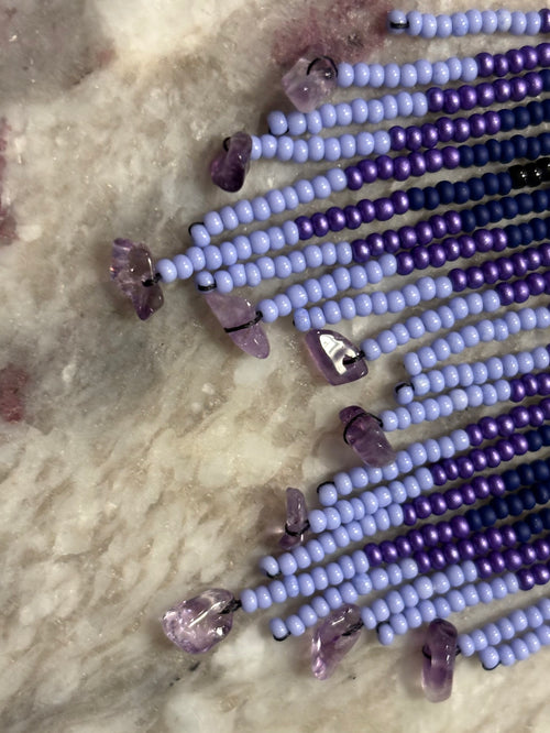 Close up of amethyst crystal tips on Purple Rain earrings