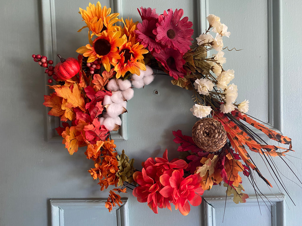 Custom large handmade wreath - fall sunflowers and cotton