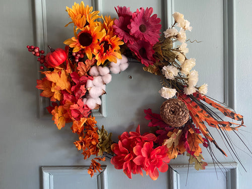 Custom large handmade wreath - fall sunflowers and cotton
