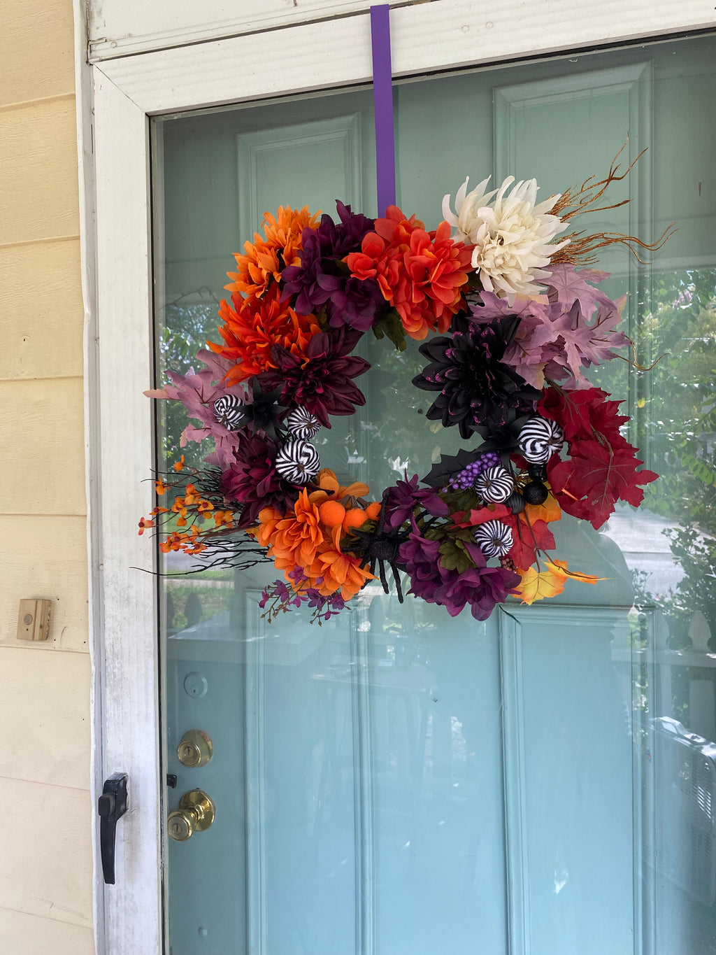 Custom large handmade wreath - Halloween purple and orange on front door