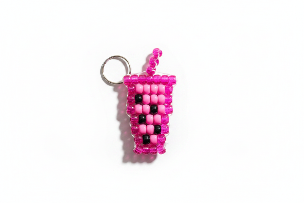 Boba tea pony bead keychain on white background