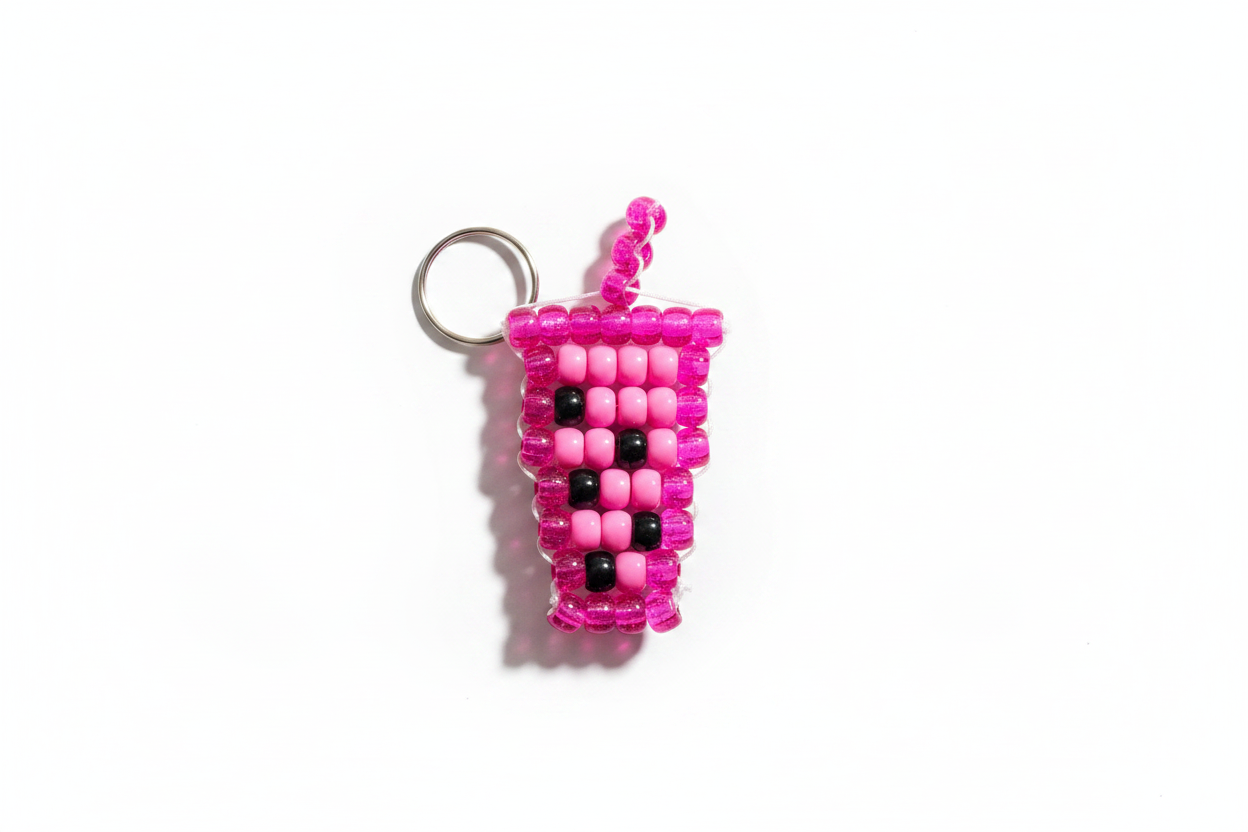 Boba tea pony bead keychain on white background