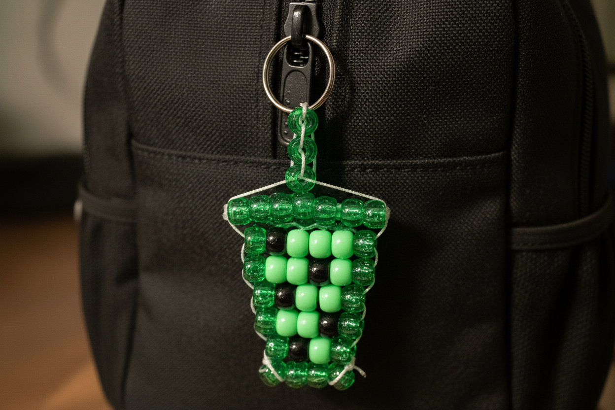 Handmade green boba tea pony bead keychain with 5 black beads hanging from a bag