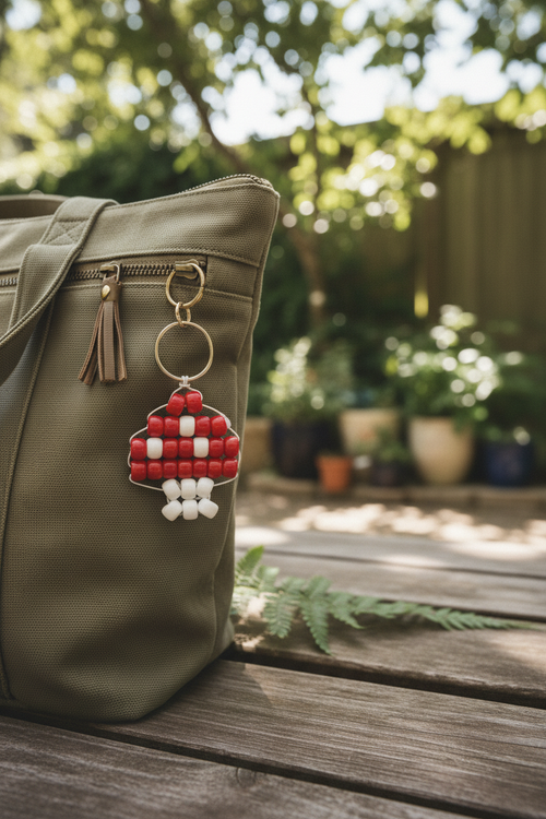 Beaded mushroom keychain lifestyle photo on a bag