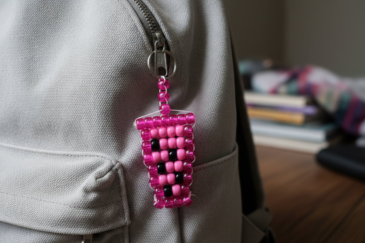 Pink Boba Tea Keychain on Backpack